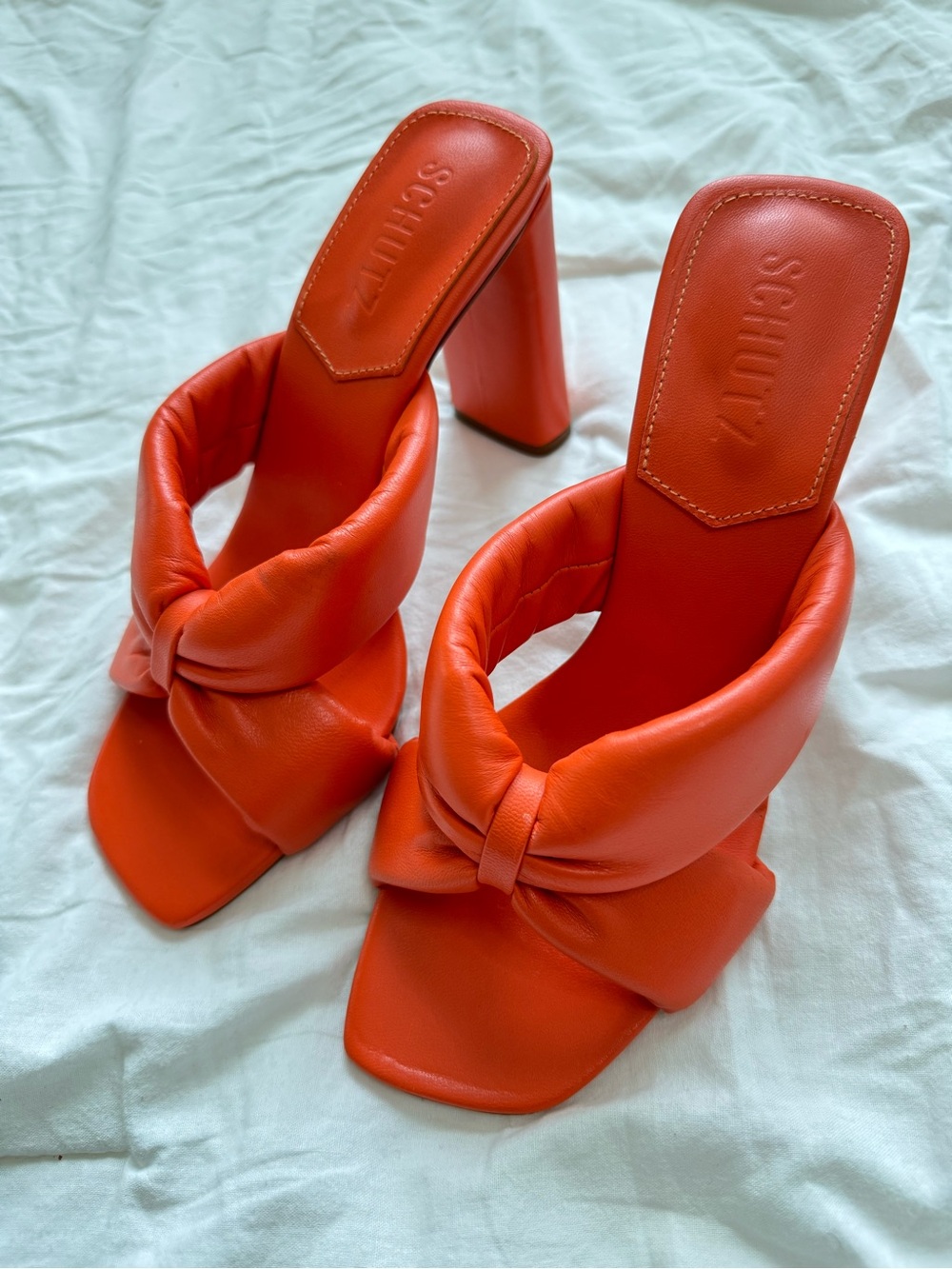 NWOT Schutz Fairy High Orange Heels Block Sandal Size 6.5 B Leather